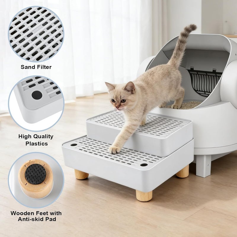 Himake Adjustable 2 Steps Litter Box Ramp, Cat Litter Catcher Mat with Wooden Feet, Filter Function, Litter Box Step for Small & Elderly Cats, Fits Automatic Litter Boxes (Light Grey) - Image 3